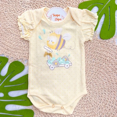 Kit 3 Peças - Bodys Manga Curta Bem Me Quer Abelhas - Amarelo, Off White e Mostarda